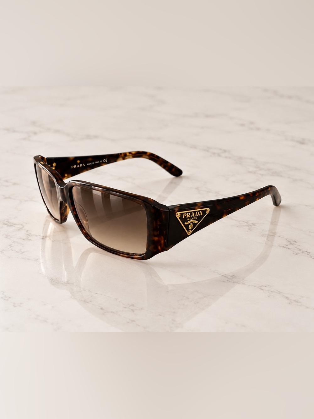 Prada Tortoiseshell Square Sunglasses with Gold Logo - Brown Gradient Polarized